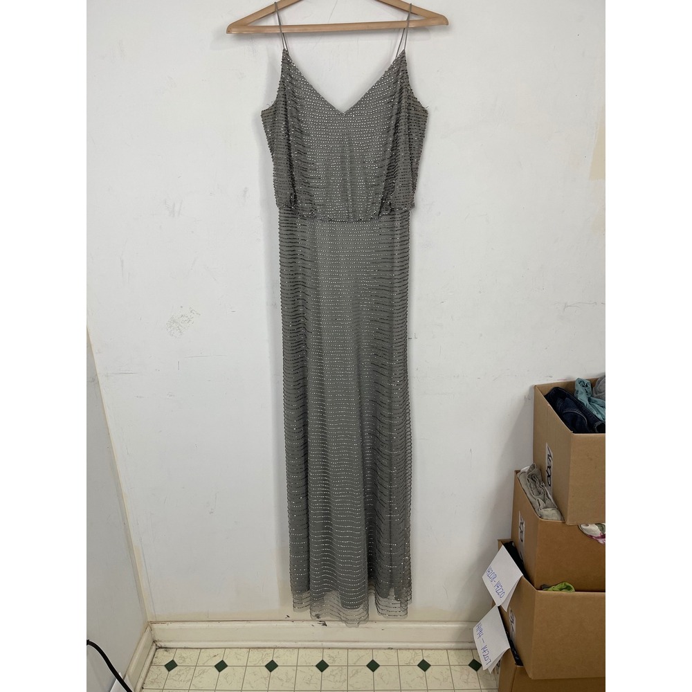 Adrianna Papell Beaded Maxi Gown Sage Green V-Neck Spaghetti Strap Size 6